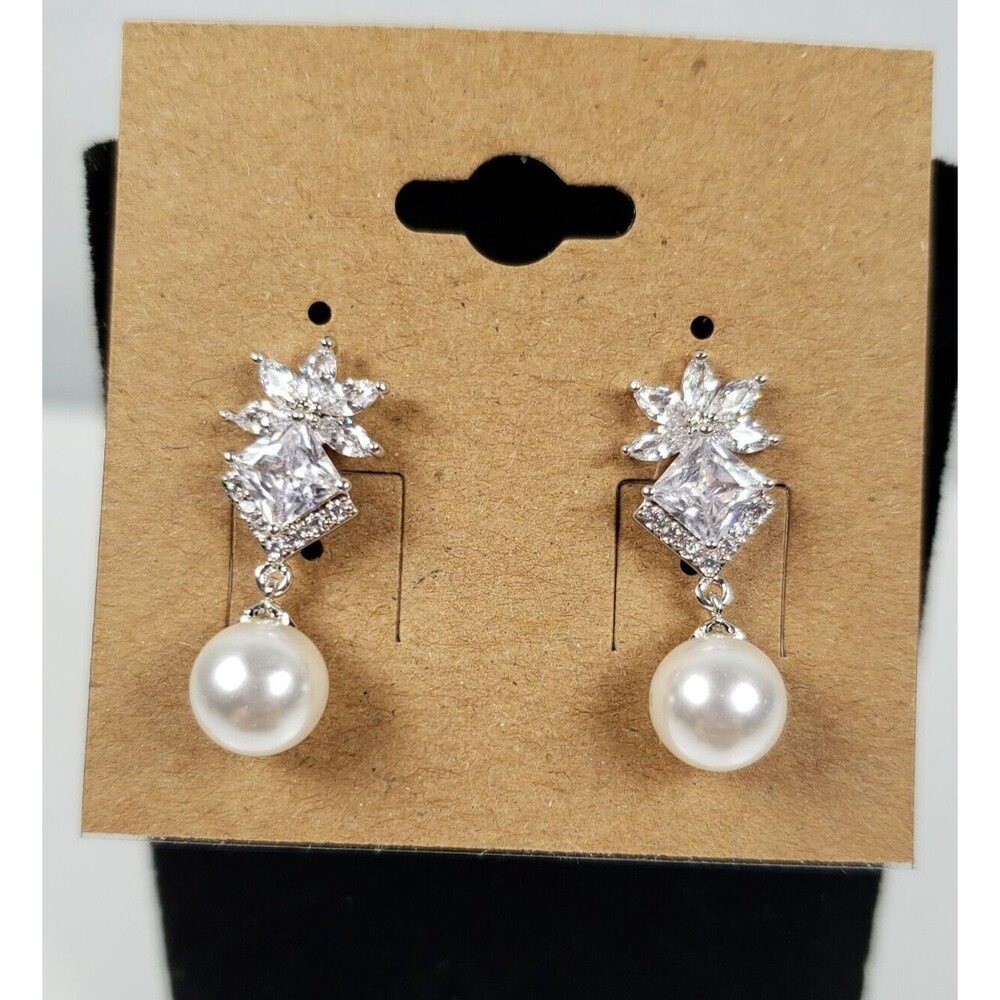 Eliza & Jane 925 Sterling Silver Cubic Zirconia Spinel Dangle Pearl  Earrings - Picture 2 of 9